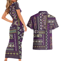 Persian Patchwork Pattern Couples Matching Short Sleeve Bodycon Dress and Hawaiian Shirt Unique Purple - Wonder Print Shop