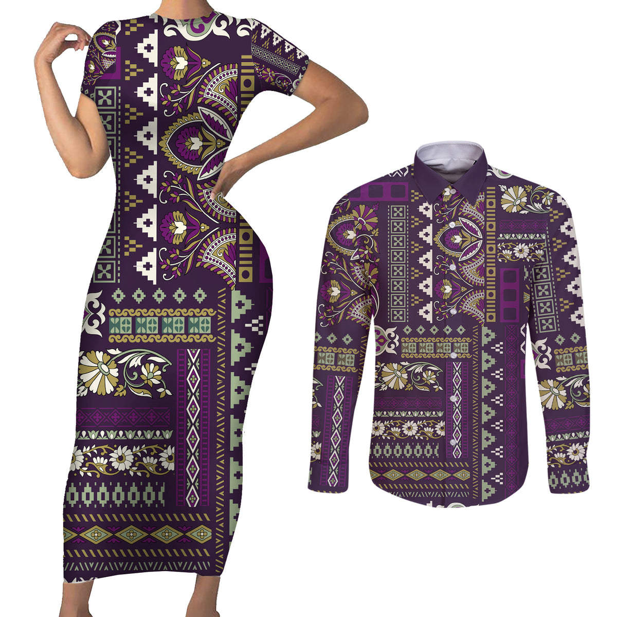 Persian Patchwork Pattern Couples Matching Short Sleeve Bodycon Dress and Long Sleeve Button Shirt Unique Purple - Wonder Print Shop