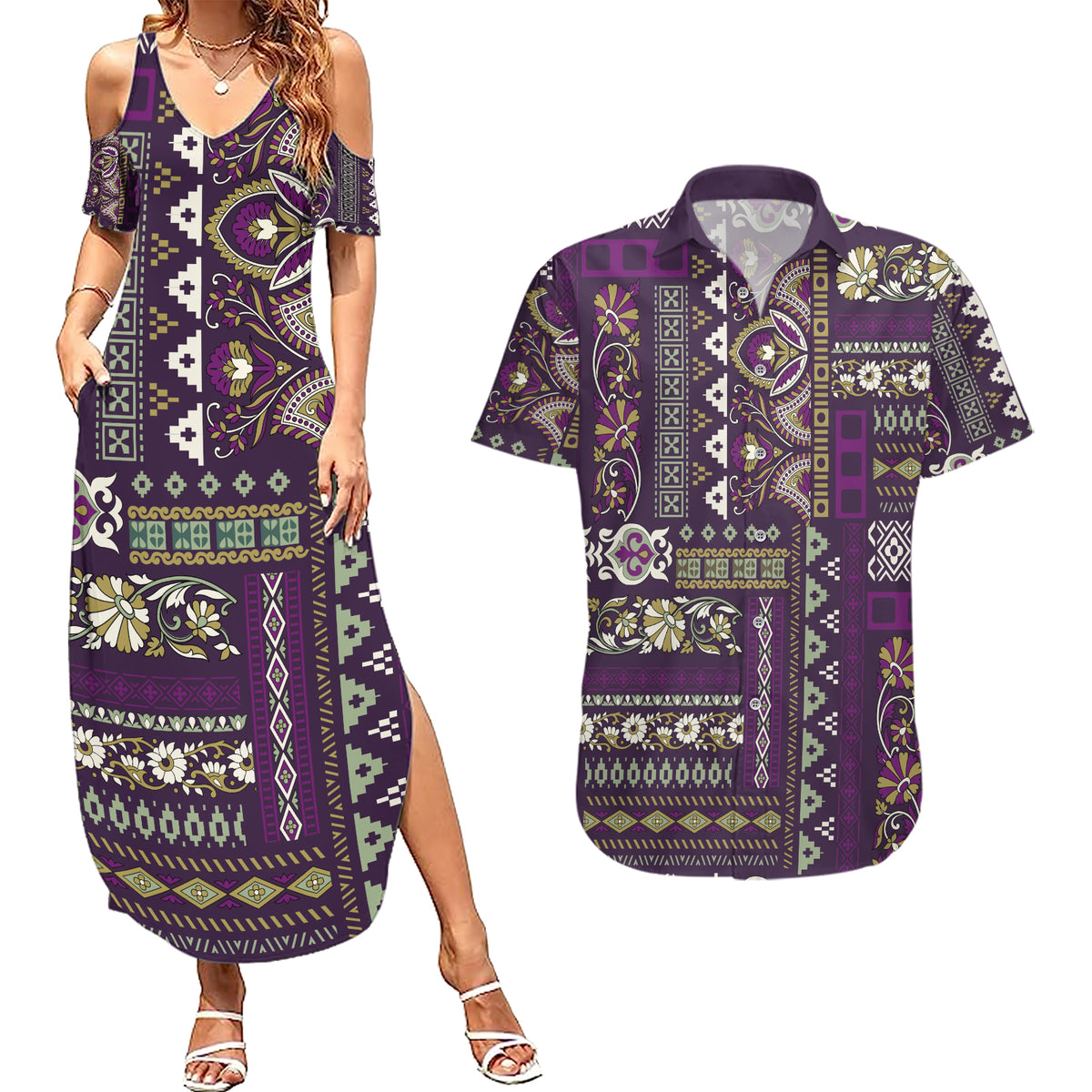 Persian Patchwork Pattern Couples Matching Summer Maxi Dress and Hawaiian Shirt Unique Purple - Wonder Print Shop