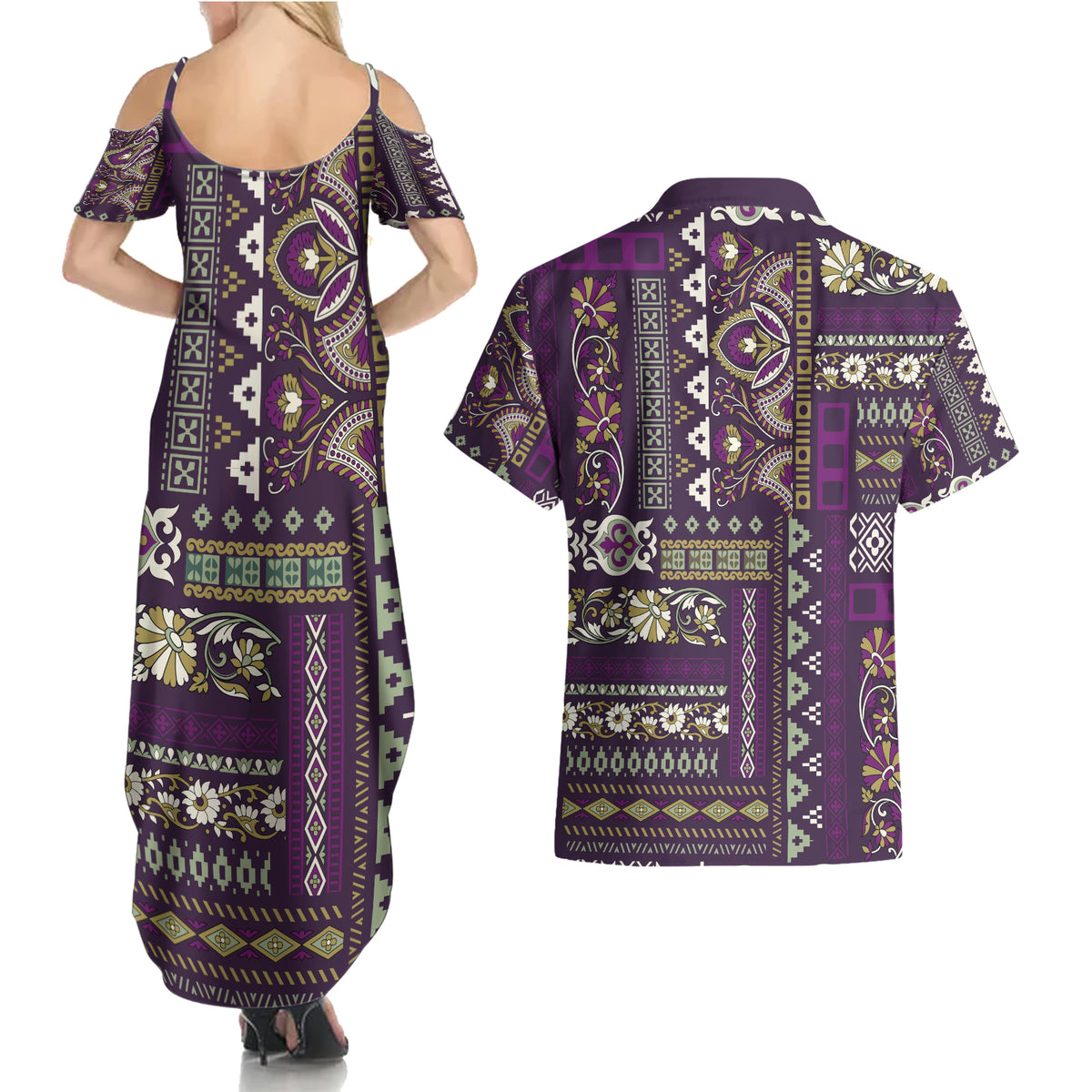 Persian Patchwork Pattern Couples Matching Summer Maxi Dress and Hawaiian Shirt Unique Purple - Wonder Print Shop