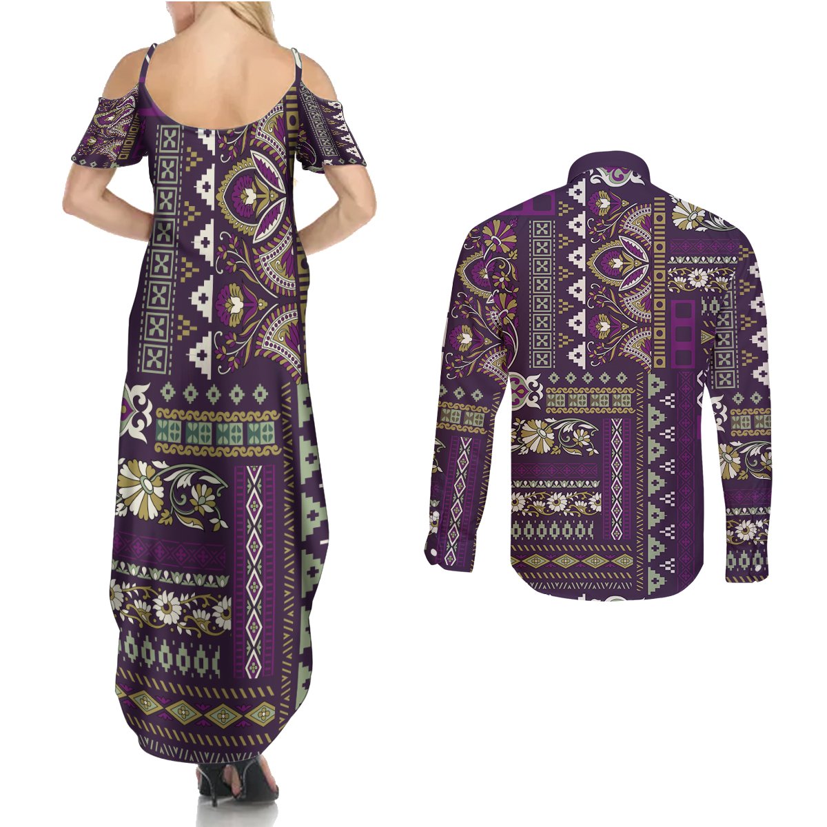 Persian Patchwork Pattern Couples Matching Summer Maxi Dress and Long Sleeve Button Shirt Unique Purple - Wonder Print Shop
