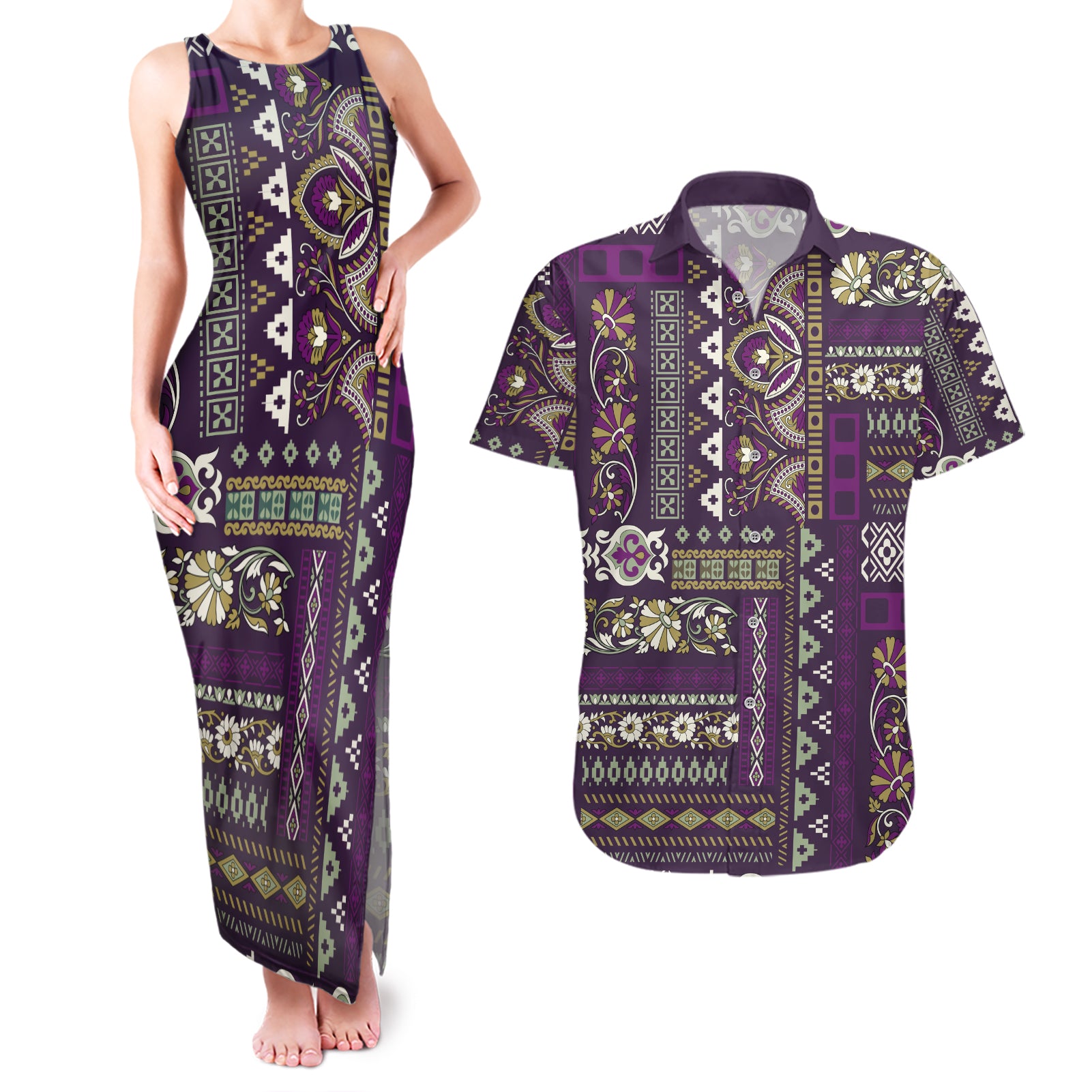 Persian Patchwork Pattern Couples Matching Tank Maxi Dress and Hawaiian Shirt Unique Purple - Wonder Print Shop