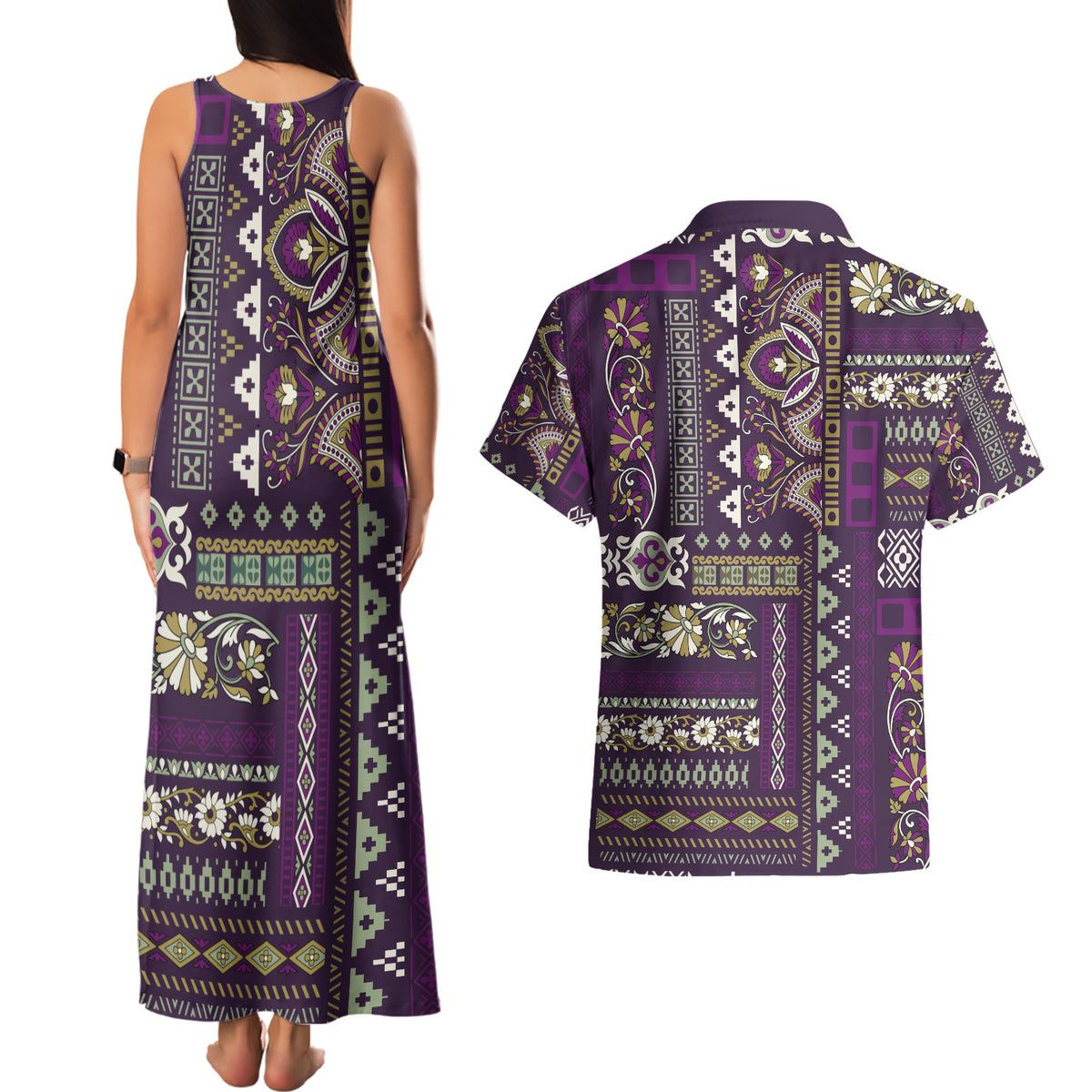 Persian Patchwork Pattern Couples Matching Tank Maxi Dress and Hawaiian Shirt Unique Purple - Wonder Print Shop
