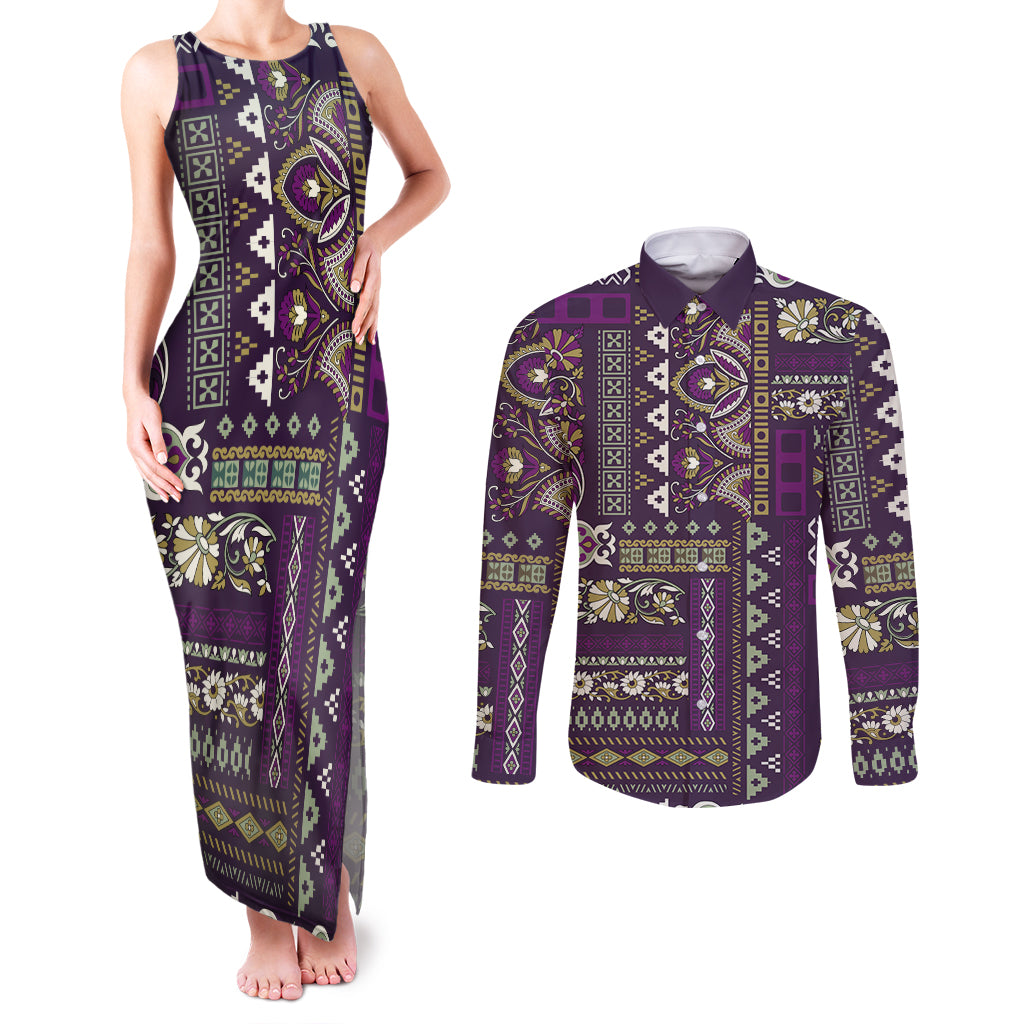 Persian Patchwork Pattern Couples Matching Tank Maxi Dress and Long Sleeve Button Shirt Unique Purple - Wonder Print Shop