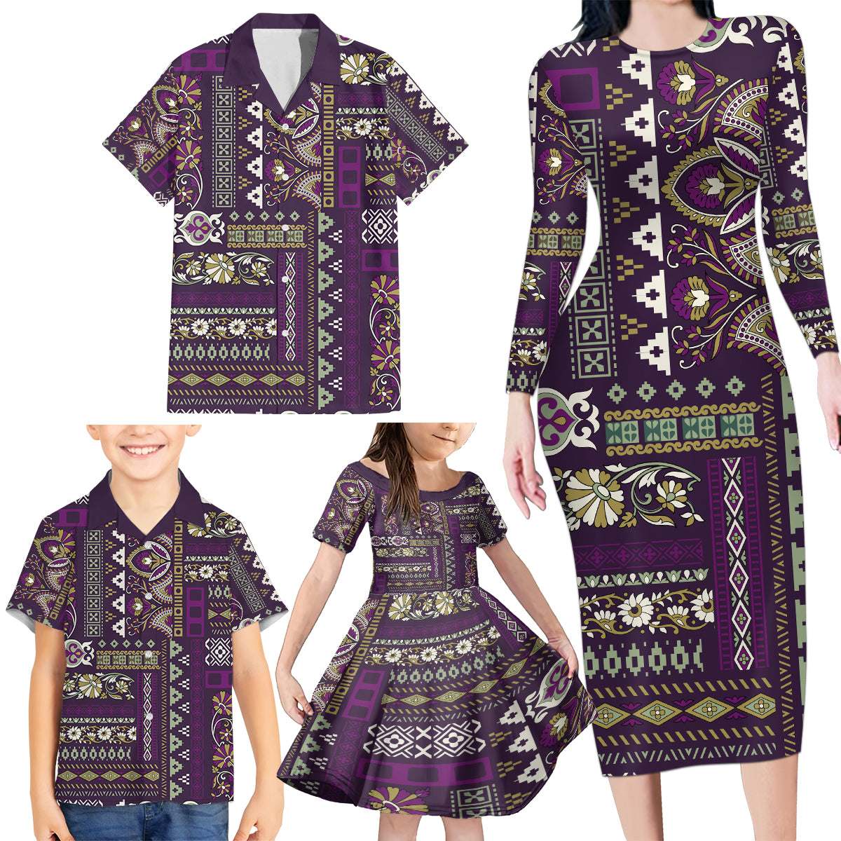 Persian Patchwork Pattern Family Matching Long Sleeve Bodycon Dress and Hawaiian Shirt Unique Purple - Wonder Print Shop
