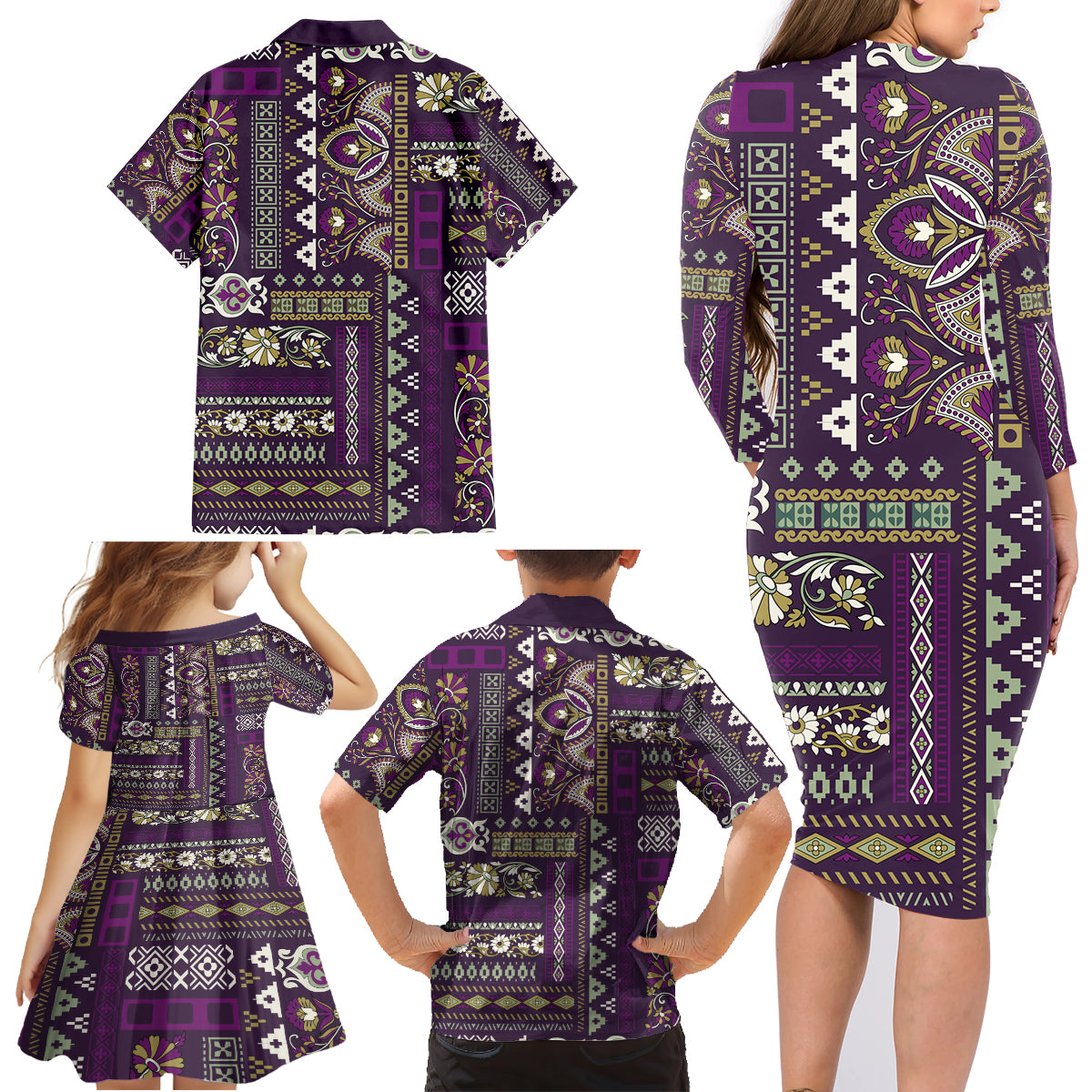Persian Patchwork Pattern Family Matching Long Sleeve Bodycon Dress and Hawaiian Shirt Unique Purple - Wonder Print Shop