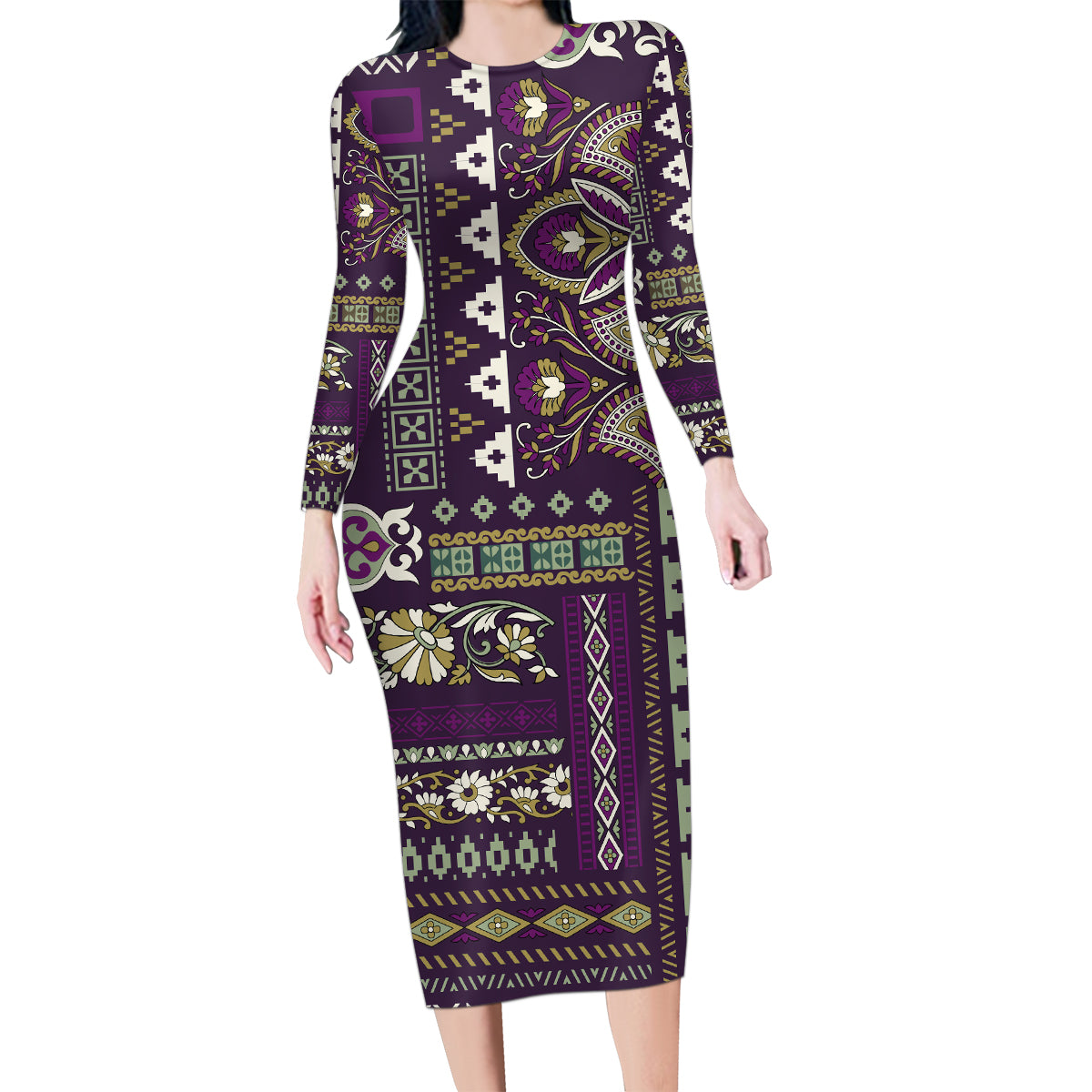 Persian Patchwork Pattern Family Matching Long Sleeve Bodycon Dress and Hawaiian Shirt Unique Purple - Wonder Print Shop