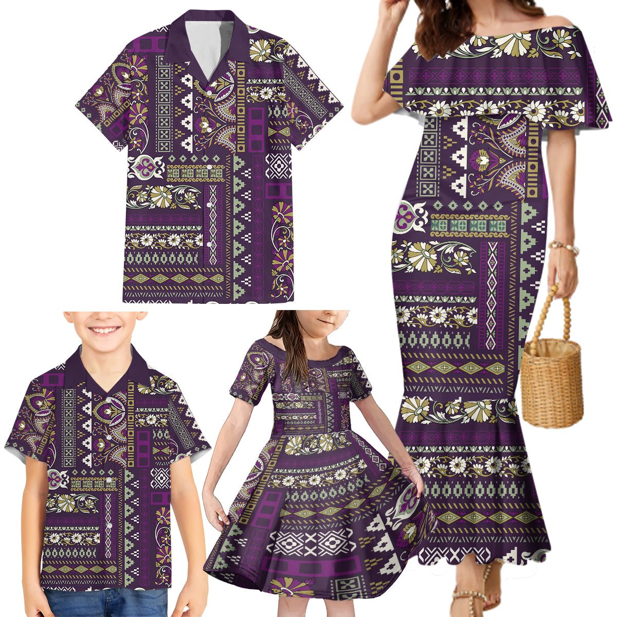 Persian Patchwork Pattern Family Matching Mermaid Dress and Hawaiian Shirt Unique Purple - Wonder Print Shop