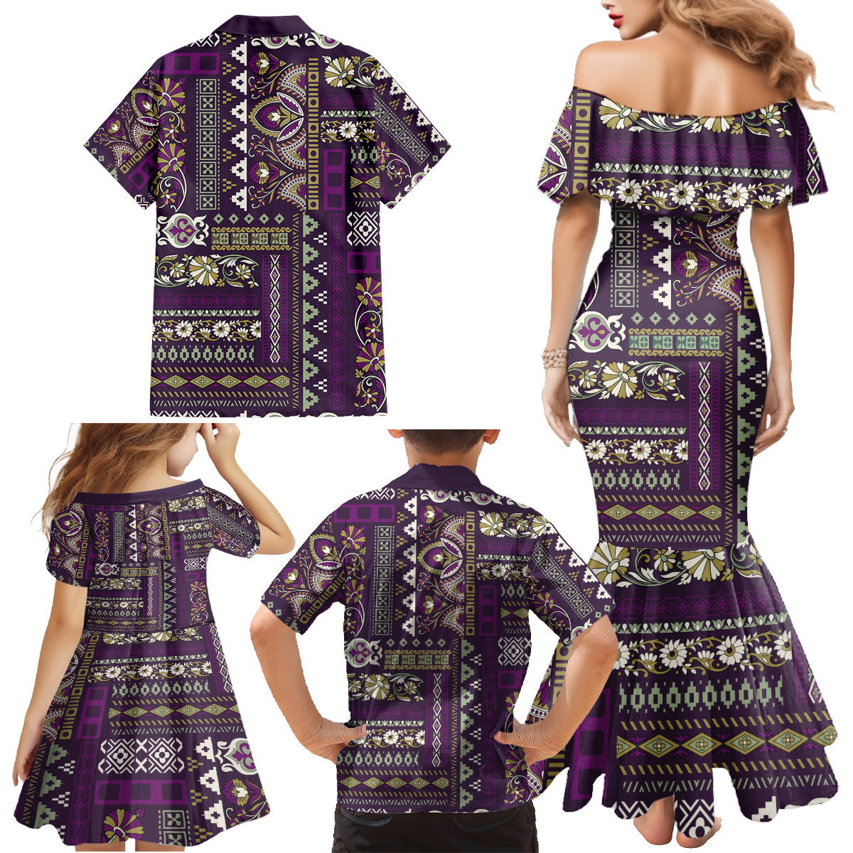 Persian Patchwork Pattern Family Matching Mermaid Dress and Hawaiian Shirt Unique Purple - Wonder Print Shop