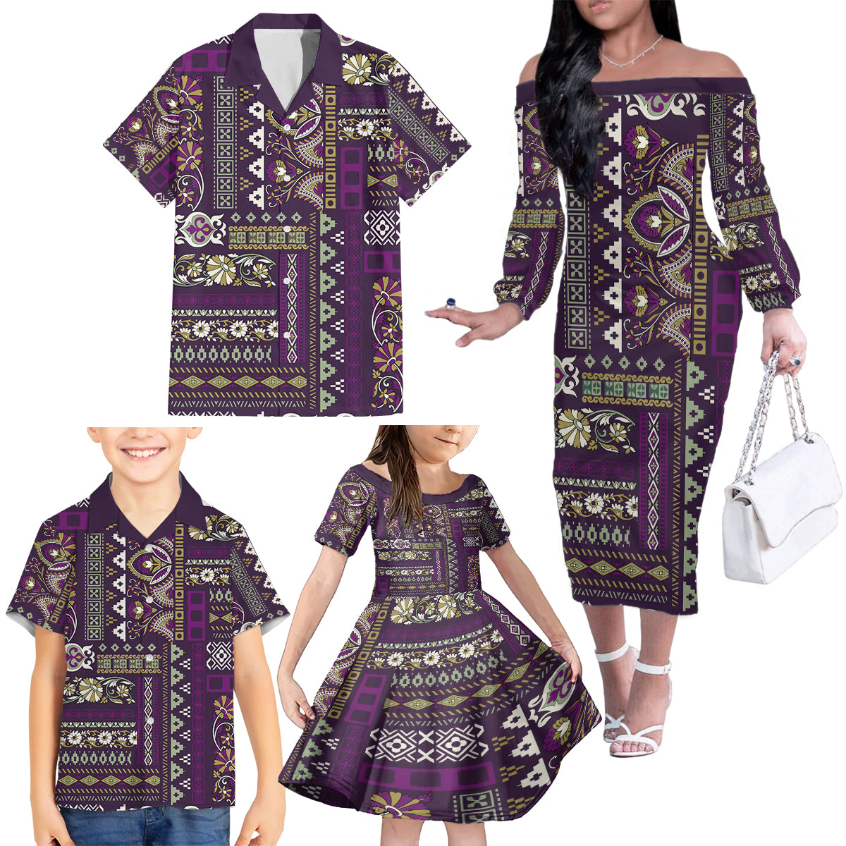 Persian Patchwork Pattern Family Matching Off Shoulder Long Sleeve Dress and Hawaiian Shirt Unique Purple - Wonder Print Shop