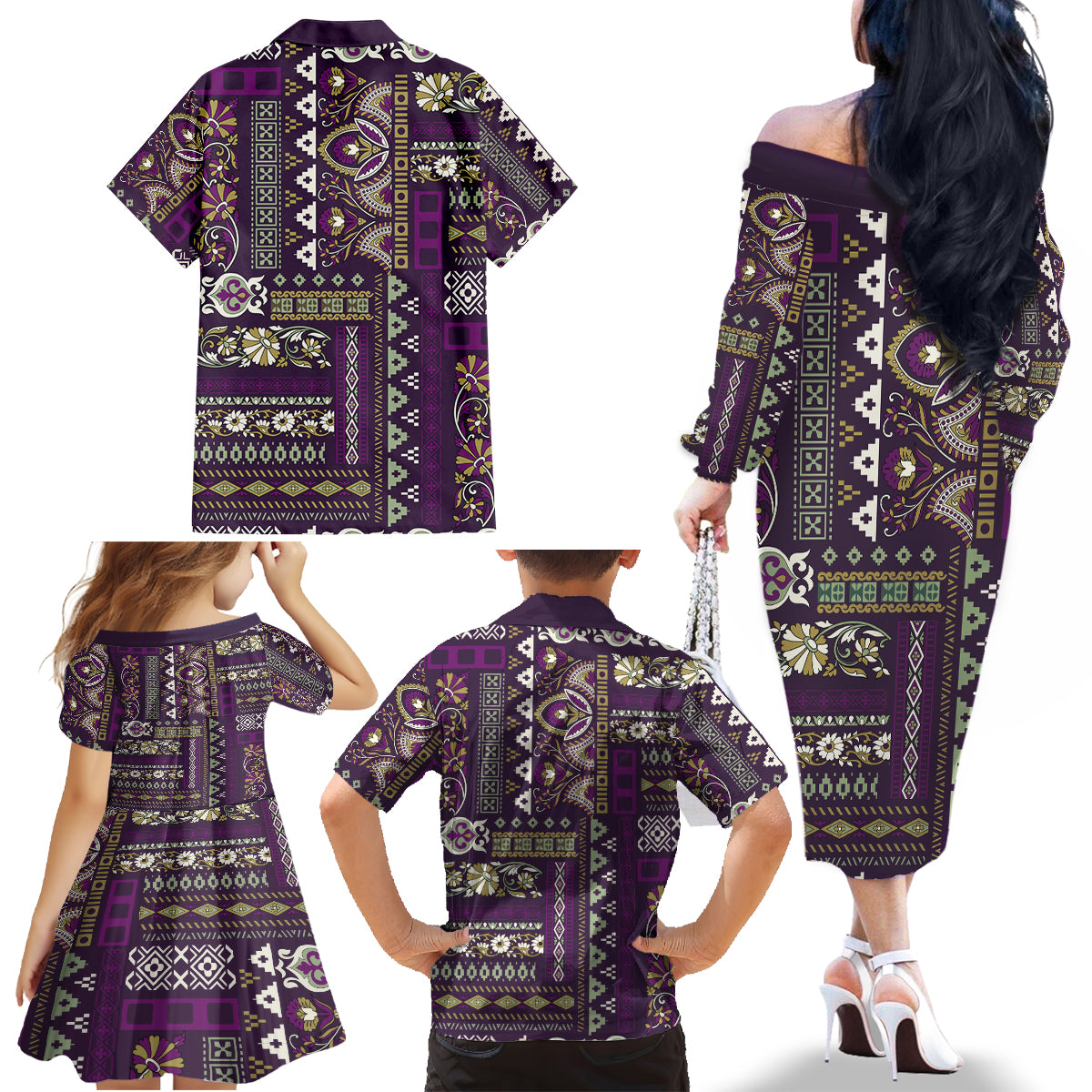Persian Patchwork Pattern Family Matching Off Shoulder Long Sleeve Dress and Hawaiian Shirt Unique Purple - Wonder Print Shop