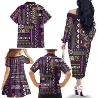 Persian Patchwork Pattern Family Matching Off Shoulder Long Sleeve Dress and Hawaiian Shirt Unique Purple - Wonder Print Shop