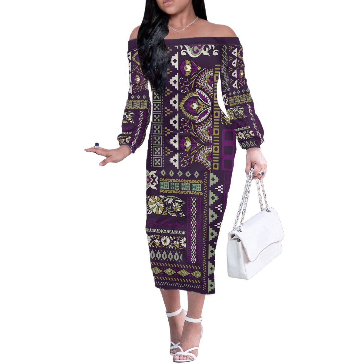 Persian Patchwork Pattern Family Matching Off Shoulder Long Sleeve Dress and Hawaiian Shirt Unique Purple - Wonder Print Shop