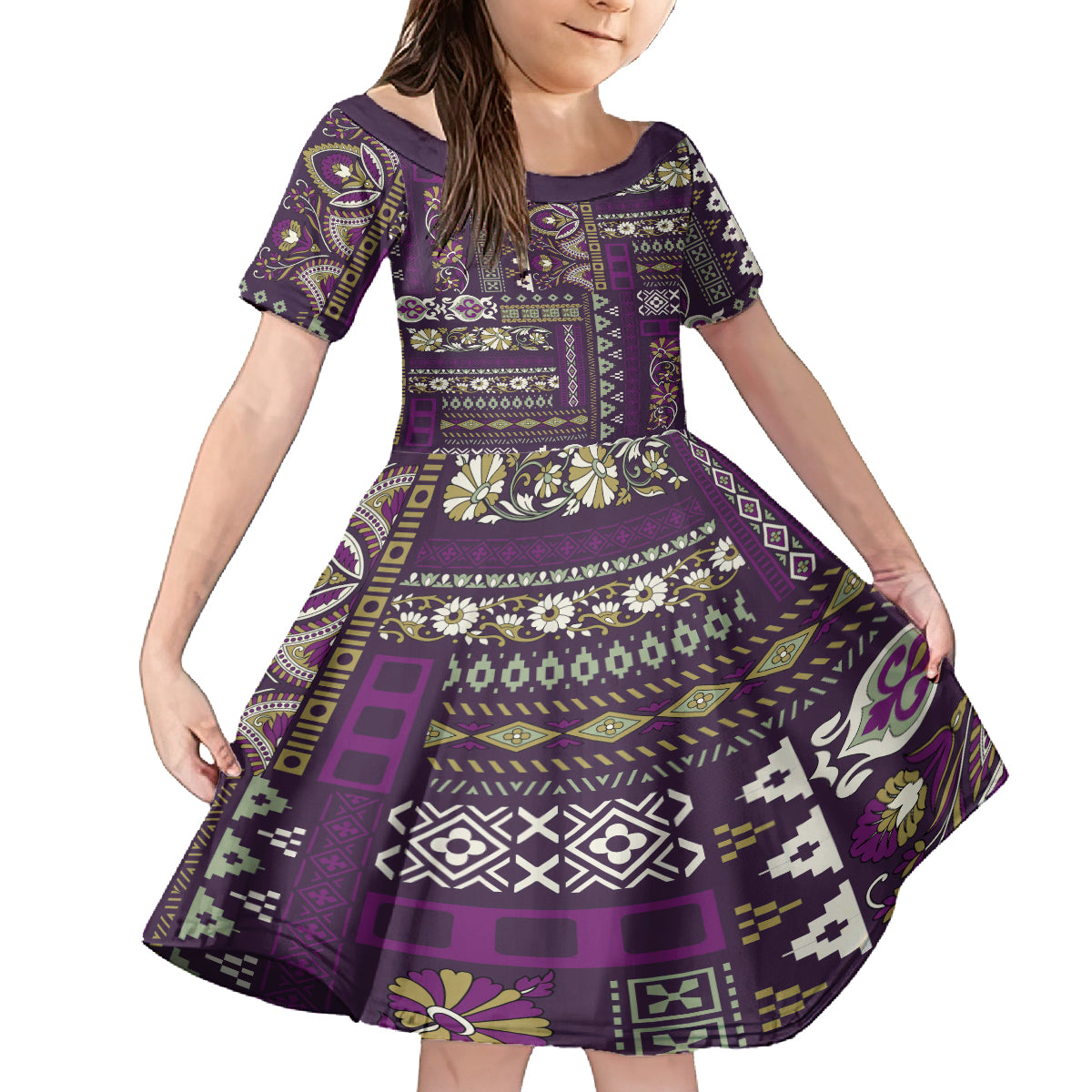 Persian Patchwork Pattern Family Matching Off Shoulder Maxi Dress and Hawaiian Shirt Unique Purple - Wonder Print Shop