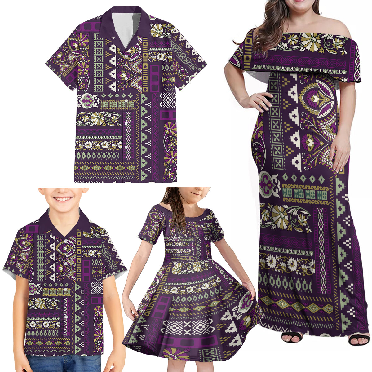 Persian Patchwork Pattern Family Matching Off Shoulder Maxi Dress and Hawaiian Shirt Unique Purple - Wonder Print Shop
