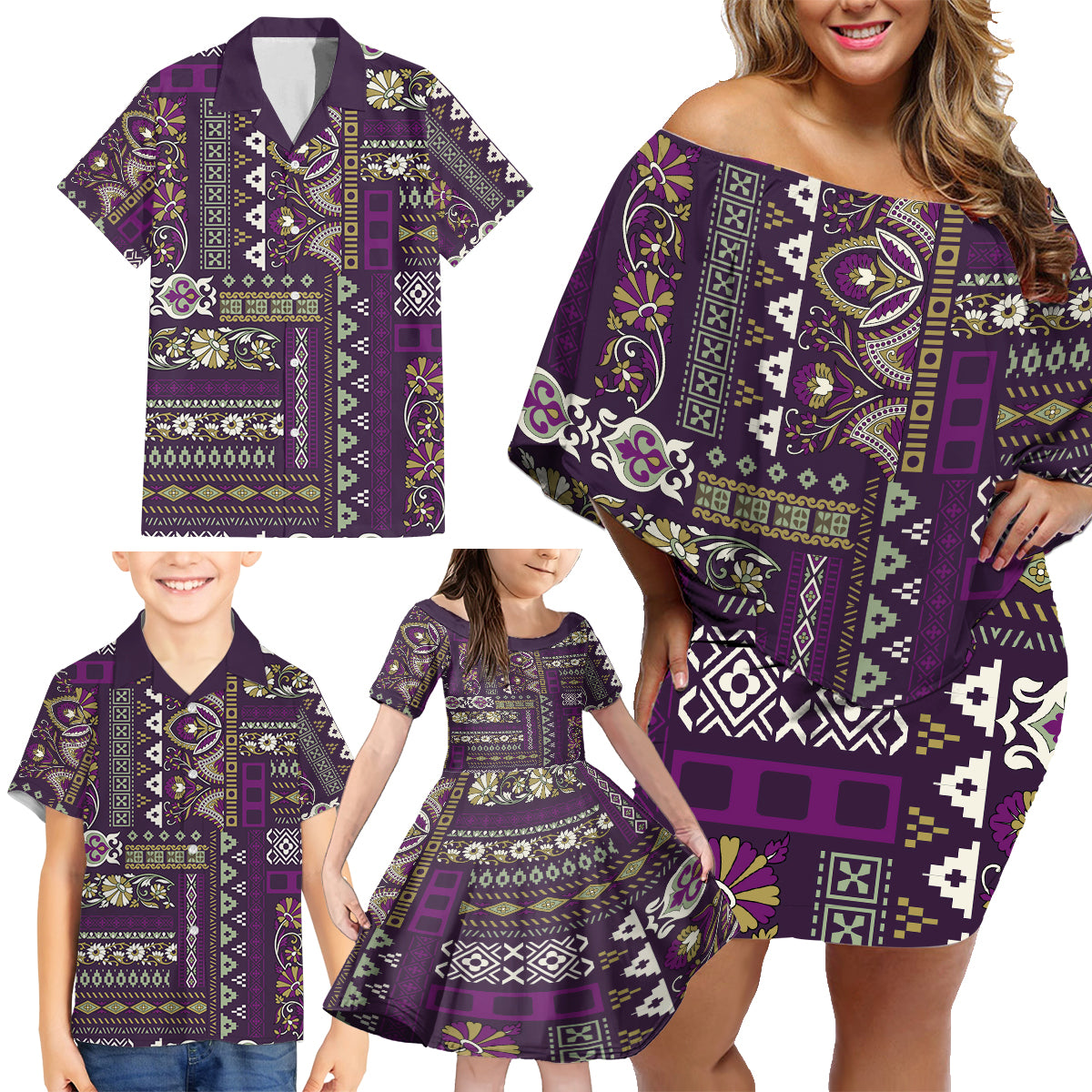 Persian Patchwork Pattern Family Matching Off Shoulder Short Dress and Hawaiian Shirt Unique Purple - Wonder Print Shop