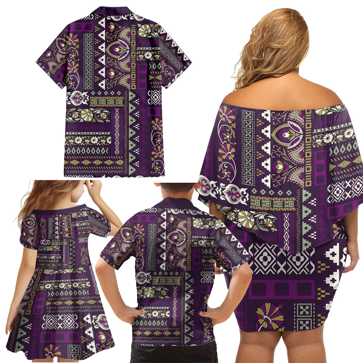 Persian Patchwork Pattern Family Matching Off Shoulder Short Dress and Hawaiian Shirt Unique Purple - Wonder Print Shop