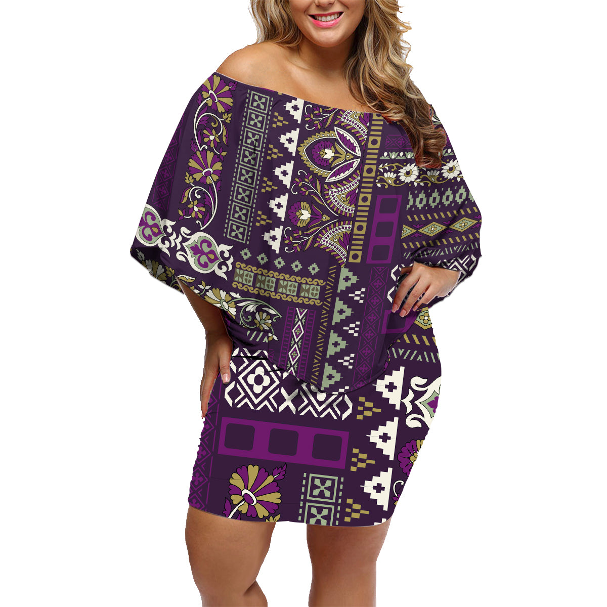 Persian Patchwork Pattern Family Matching Off Shoulder Short Dress and Hawaiian Shirt Unique Purple - Wonder Print Shop