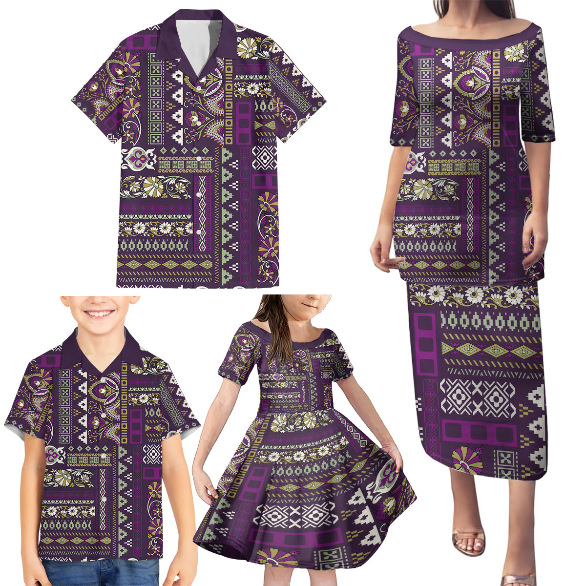 Persian Patchwork Pattern Family Matching Puletasi and Hawaiian Shirt Unique Purple - Wonder Print Shop