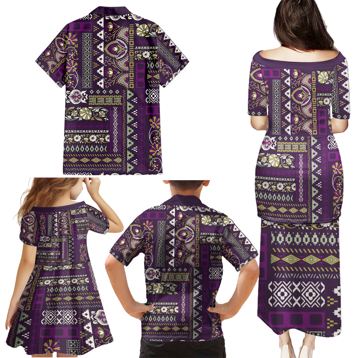 Persian Patchwork Pattern Family Matching Puletasi and Hawaiian Shirt Unique Purple - Wonder Print Shop