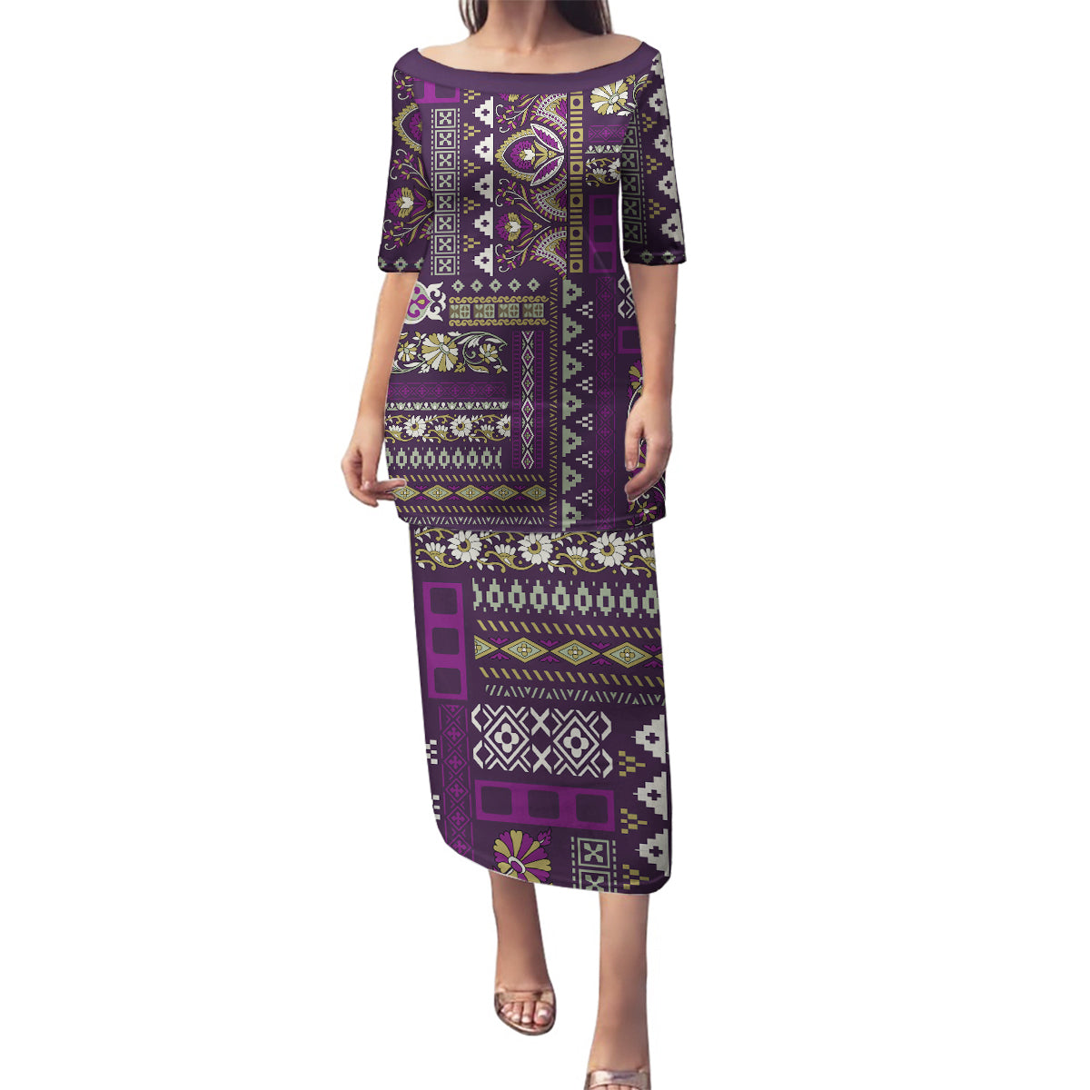 Persian Patchwork Pattern Family Matching Puletasi and Hawaiian Shirt Unique Purple - Wonder Print Shop