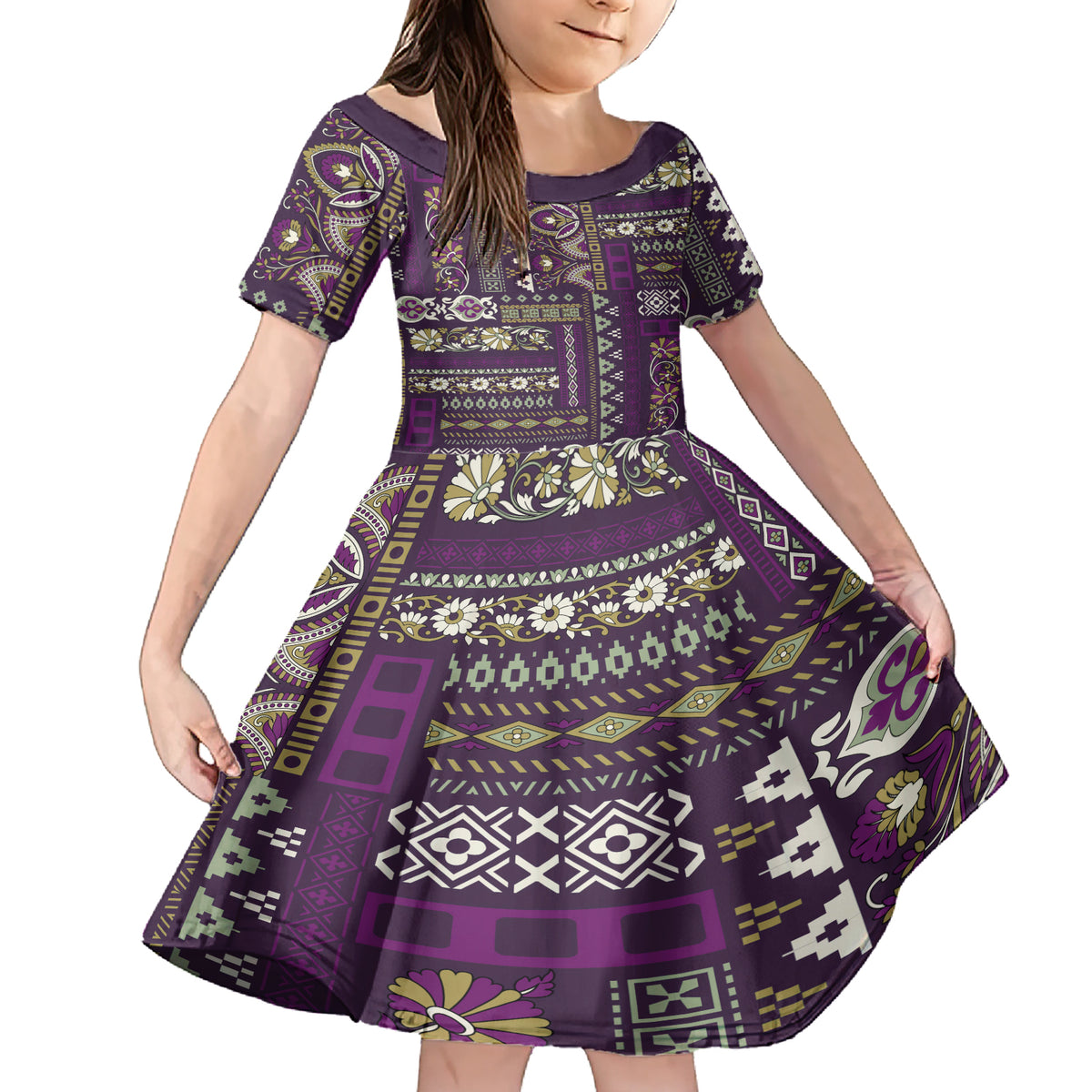 Persian Patchwork Pattern Family Matching Short Sleeve Bodycon Dress and Hawaiian Shirt Unique Purple - Wonder Print Shop