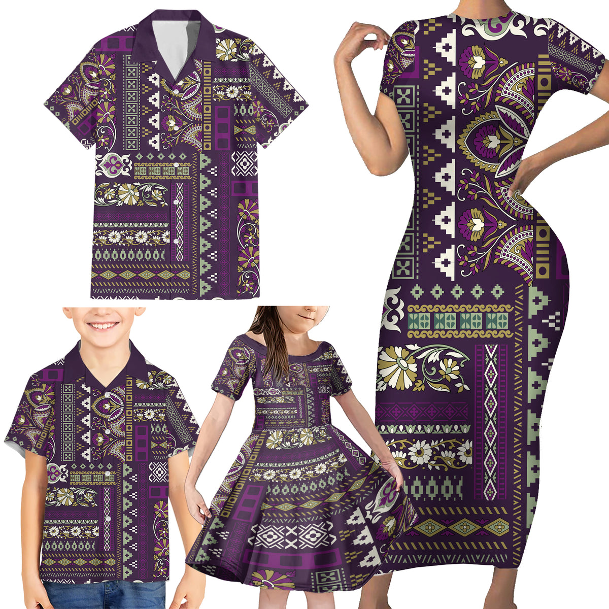 Persian Patchwork Pattern Family Matching Short Sleeve Bodycon Dress and Hawaiian Shirt Unique Purple - Wonder Print Shop