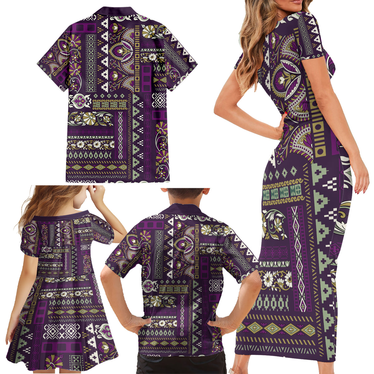 Persian Patchwork Pattern Family Matching Short Sleeve Bodycon Dress and Hawaiian Shirt Unique Purple - Wonder Print Shop