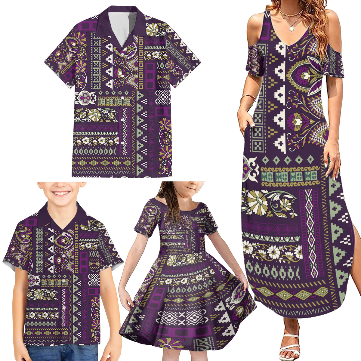 Persian Patchwork Pattern Family Matching Summer Maxi Dress and Hawaiian Shirt Unique Purple - Wonder Print Shop