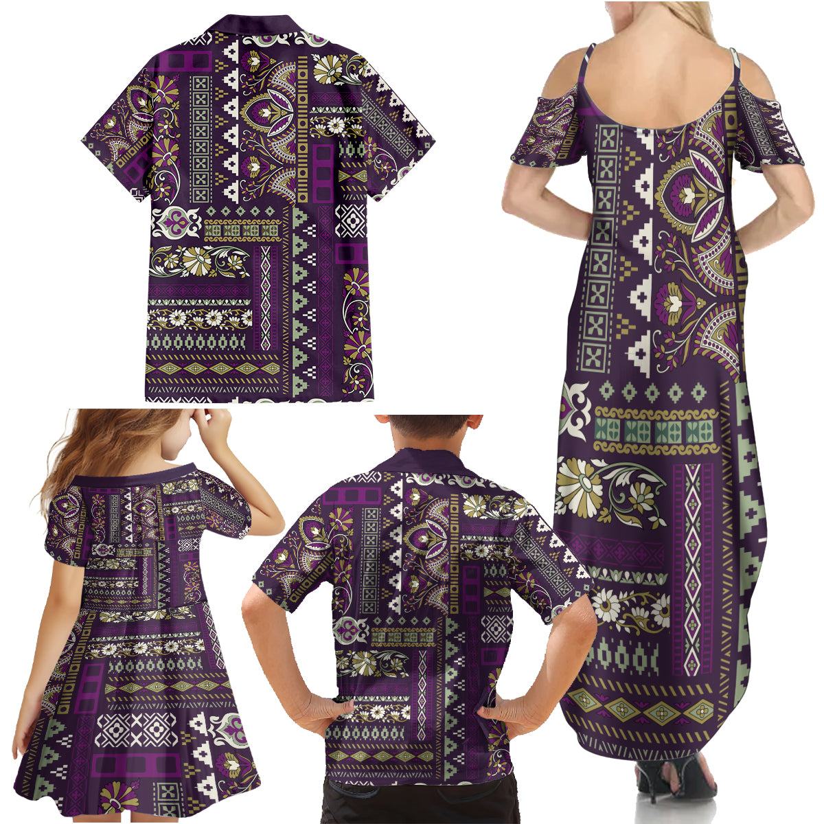 Persian Patchwork Pattern Family Matching Summer Maxi Dress and Hawaiian Shirt Unique Purple - Wonder Print Shop