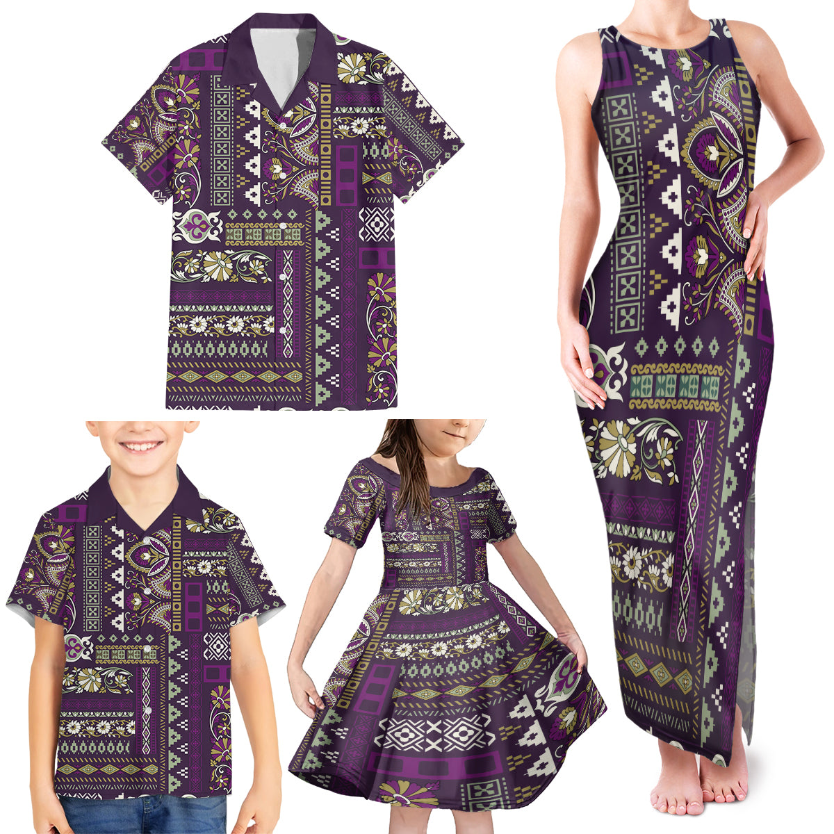 Persian Patchwork Pattern Family Matching Tank Maxi Dress and Hawaiian Shirt Unique Purple - Wonder Print Shop