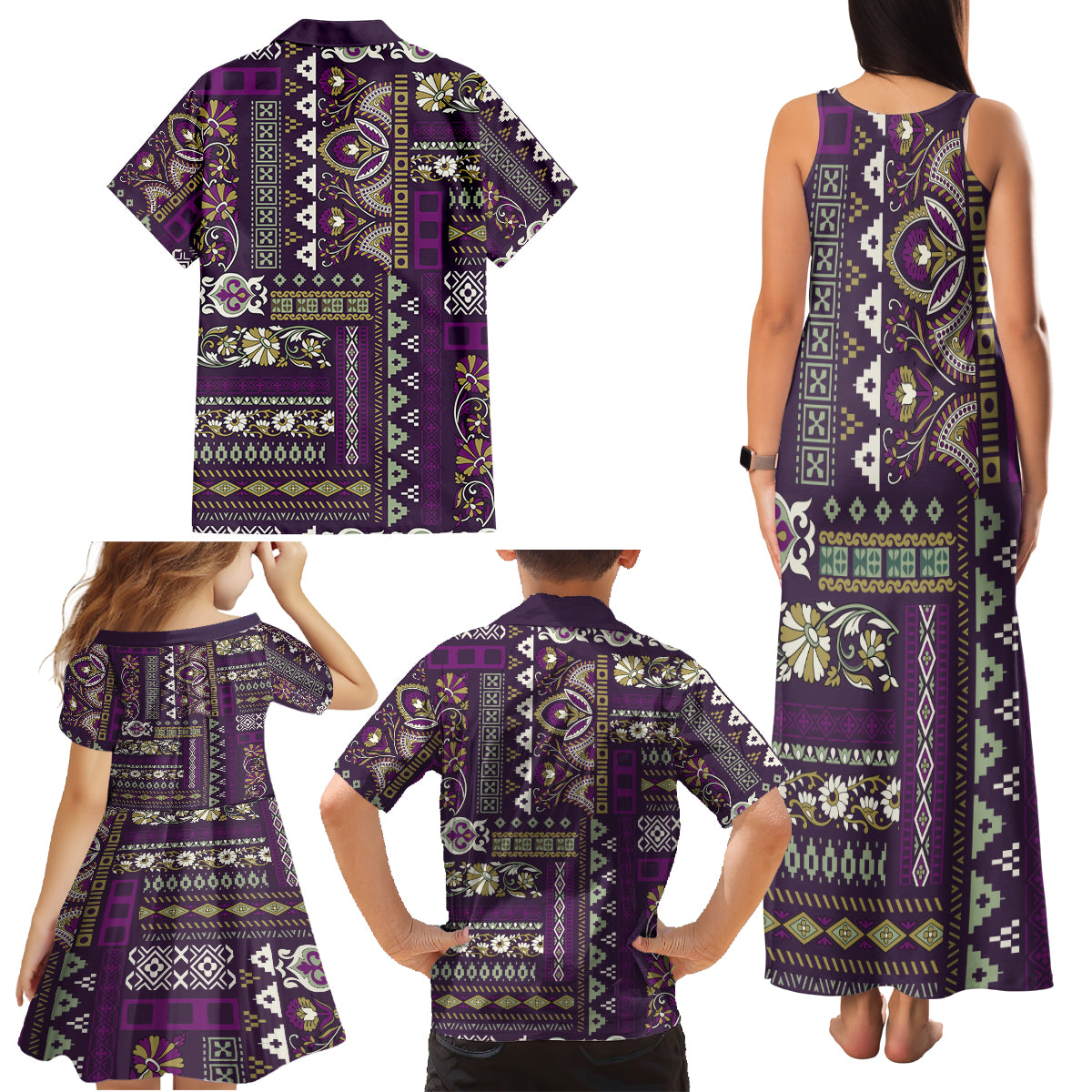 Persian Patchwork Pattern Family Matching Tank Maxi Dress and Hawaiian Shirt Unique Purple - Wonder Print Shop
