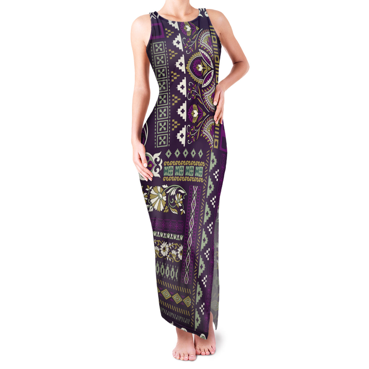 Persian Patchwork Pattern Family Matching Tank Maxi Dress and Hawaiian Shirt Unique Purple - Wonder Print Shop