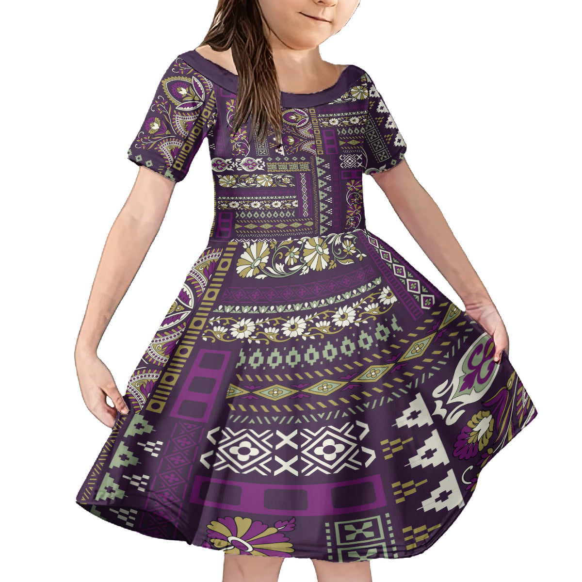 Persian Patchwork Pattern Kid Short Sleeve Dress Unique Purple - Wonder Print Shop