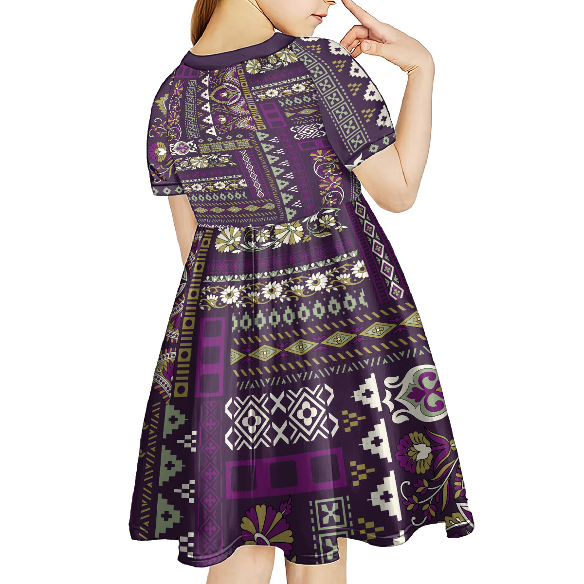 Persian Patchwork Pattern Kid Short Sleeve Dress Unique Purple - Wonder Print Shop