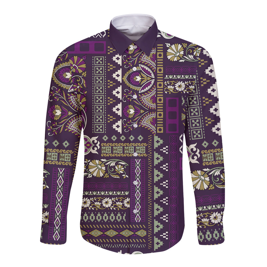 Persian Patchwork Pattern Long Sleeve Button Shirt Unique Purple - Wonder Print Shop