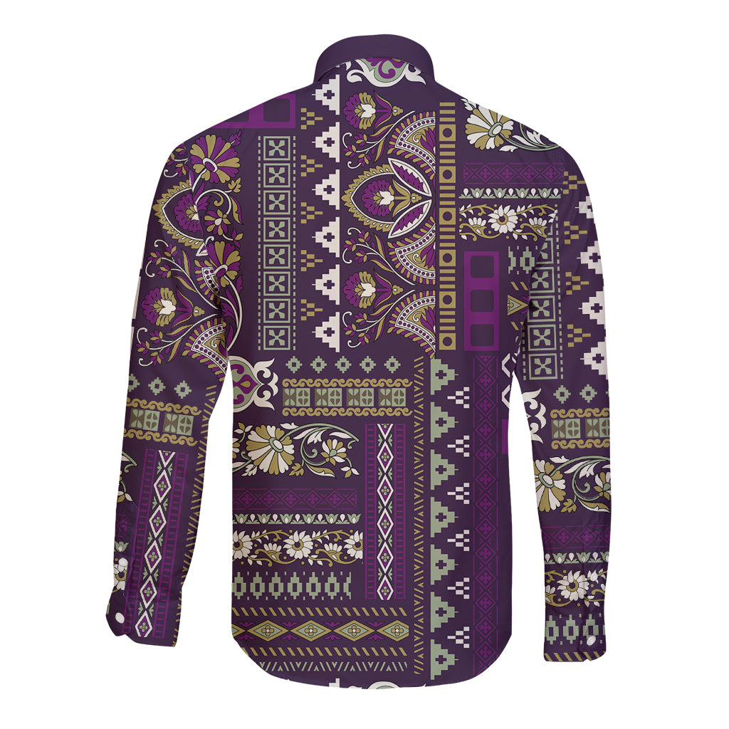 Persian Patchwork Pattern Long Sleeve Button Shirt Unique Purple - Wonder Print Shop