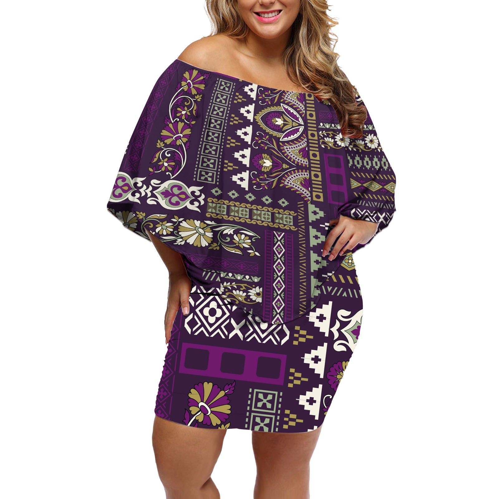 Persian Patchwork Pattern Off Shoulder Short Dress Unique Purple - Wonder Print Shop