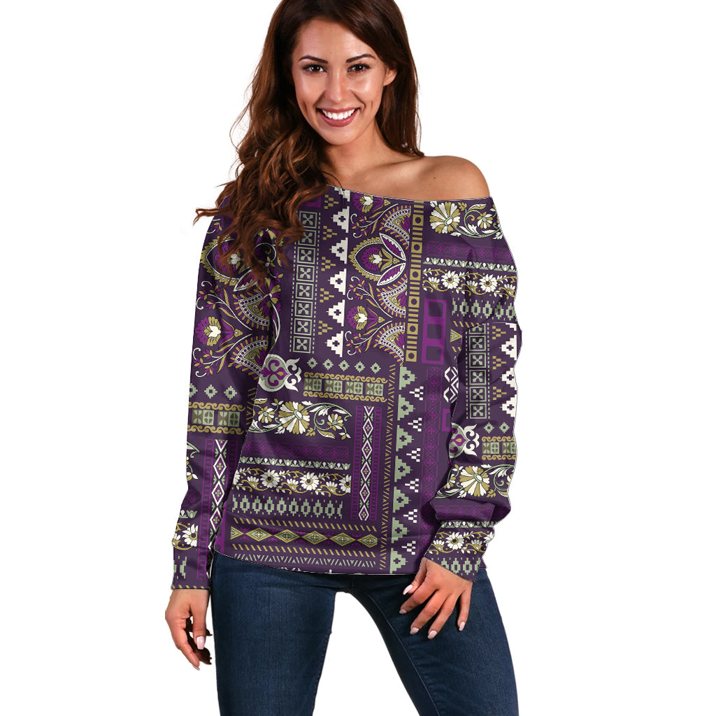 Persian Patchwork Pattern Off Shoulder Sweater Unique Purple - Wonder Print Shop