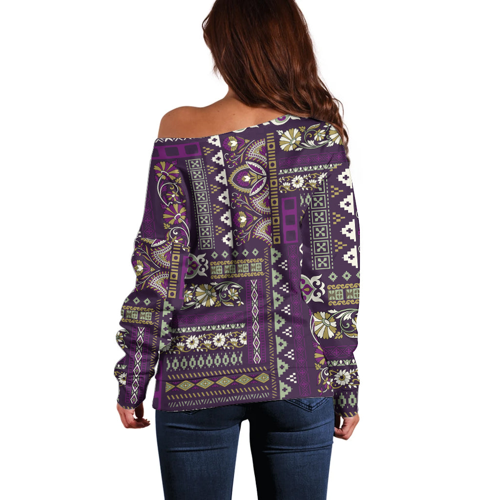 Persian Patchwork Pattern Off Shoulder Sweater Unique Purple - Wonder Print Shop