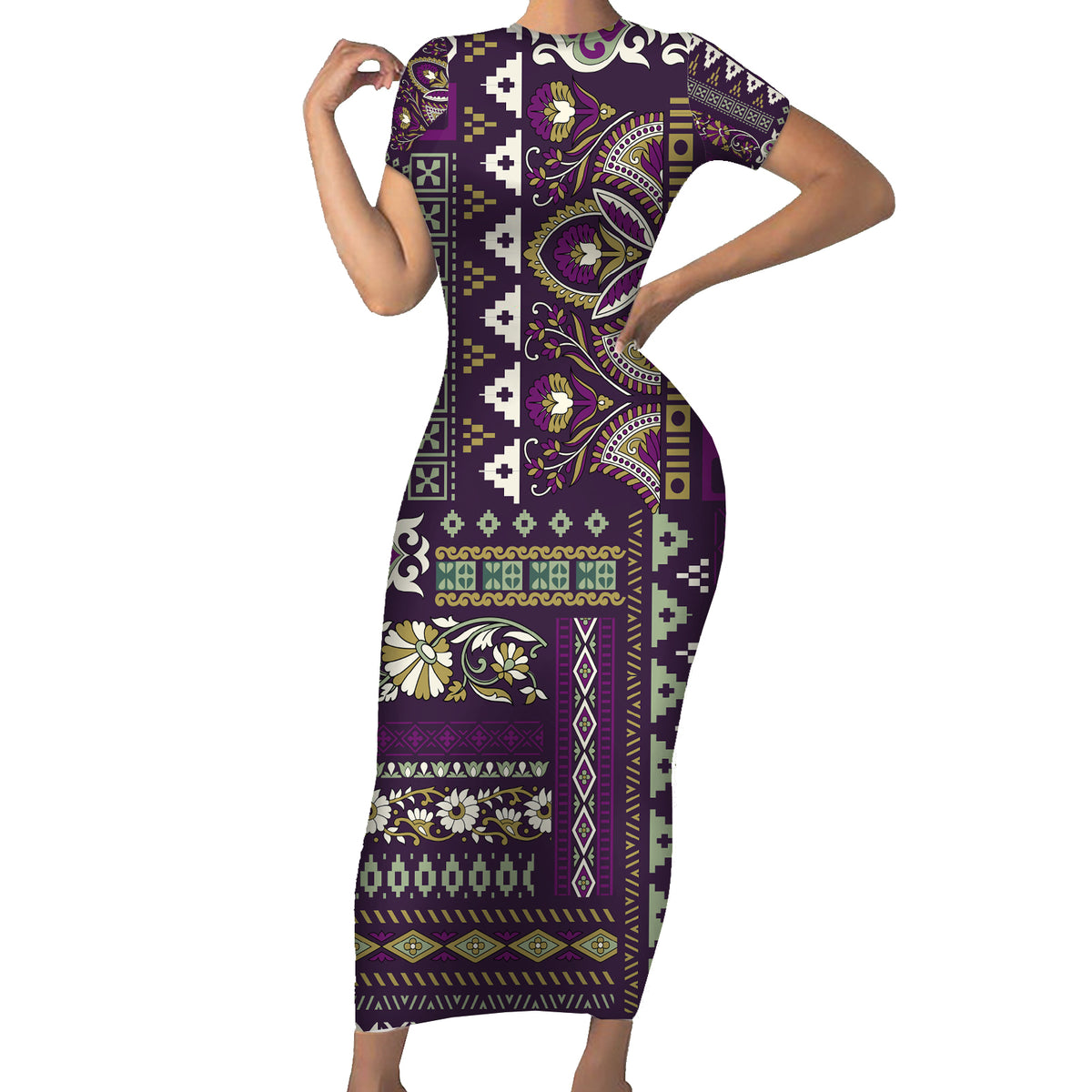 Persian Patchwork Pattern Short Sleeve Bodycon Dress Unique Purple - Wonder Print Shop
