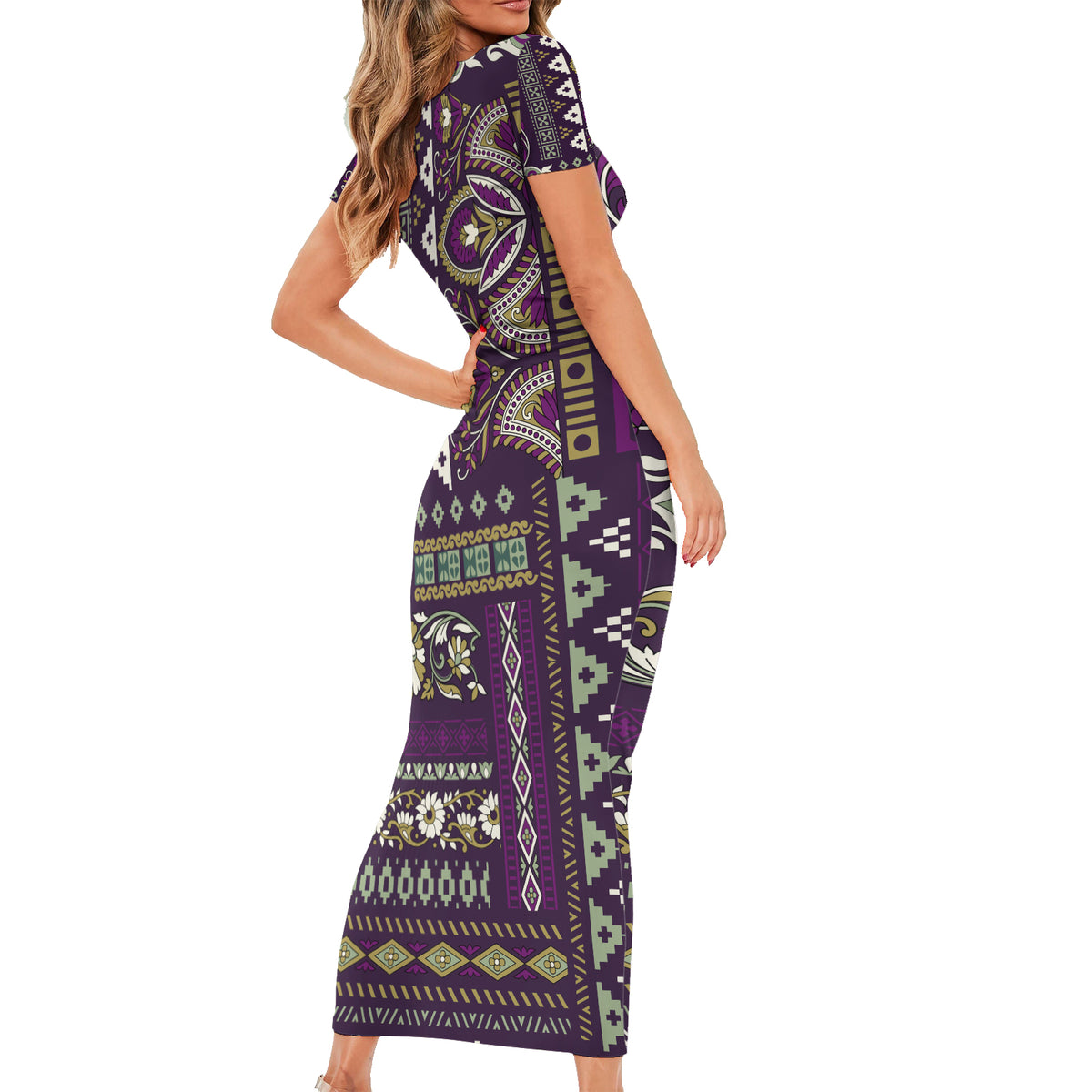 Persian Patchwork Pattern Short Sleeve Bodycon Dress Unique Purple - Wonder Print Shop