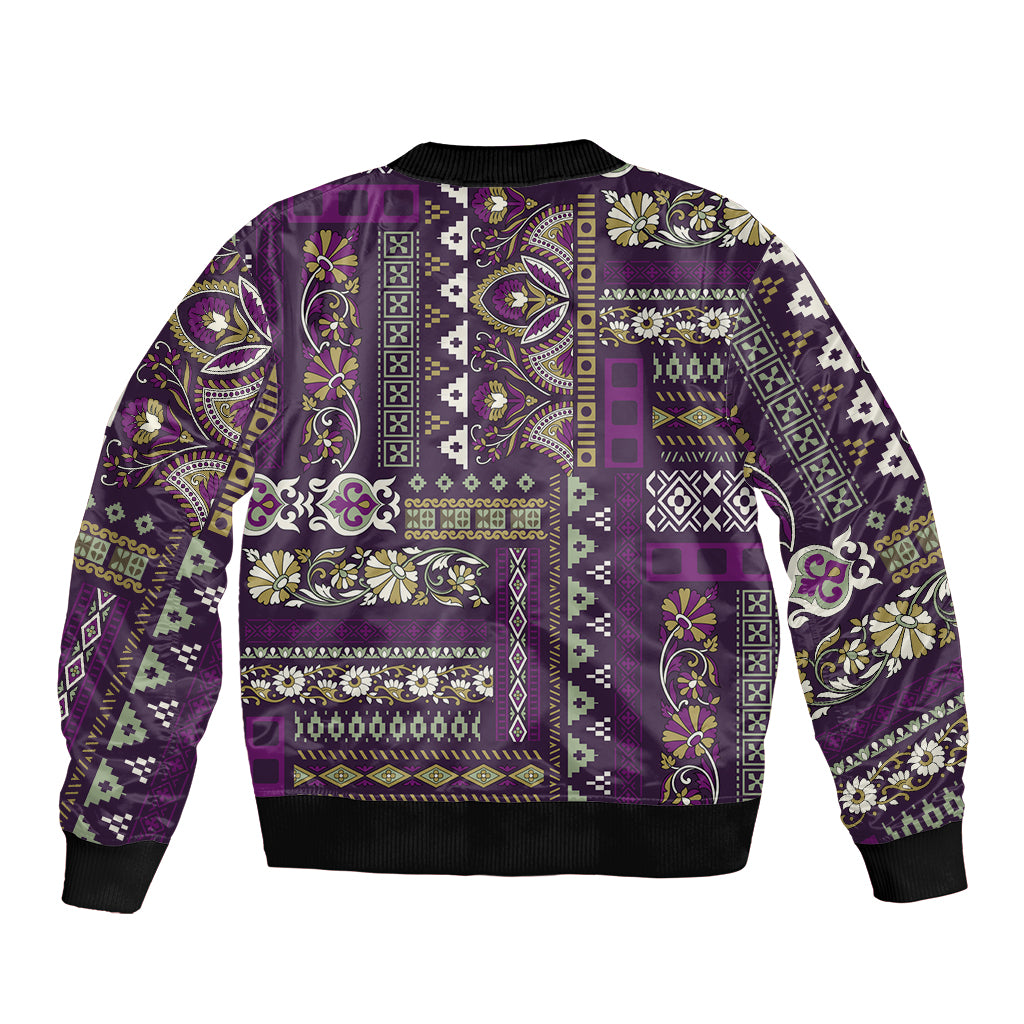 Persian Patchwork Pattern Sleeve Zip Bomber Jacket Unique Purple - Wonder Print Shop