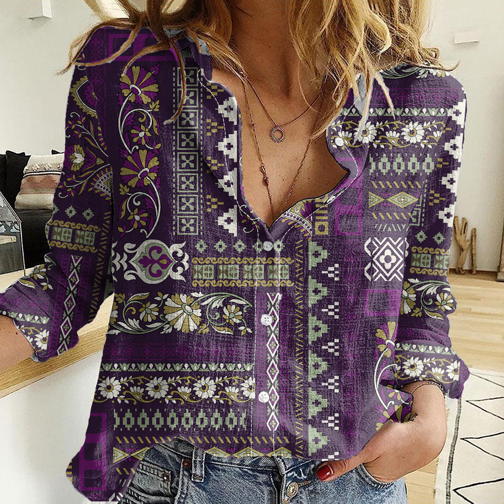 Persian Patchwork Pattern Women Casual Shirt Unique Purple - Wonder Print Shop