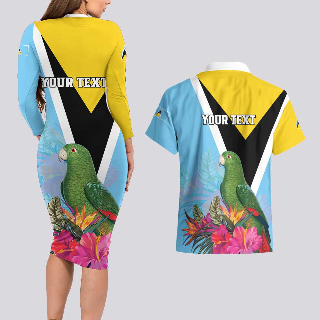 Personalized Saint Lucia Independence Day Couples Matching Long Sleeve Bodycon Dress and Hawaiian Shirt Tropical Amazona Versicolor