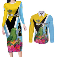 Personalized Saint Lucia Independence Day Couples Matching Long Sleeve Bodycon Dress and Long Sleeve Button Shirt Tropical Amazona Versicolor