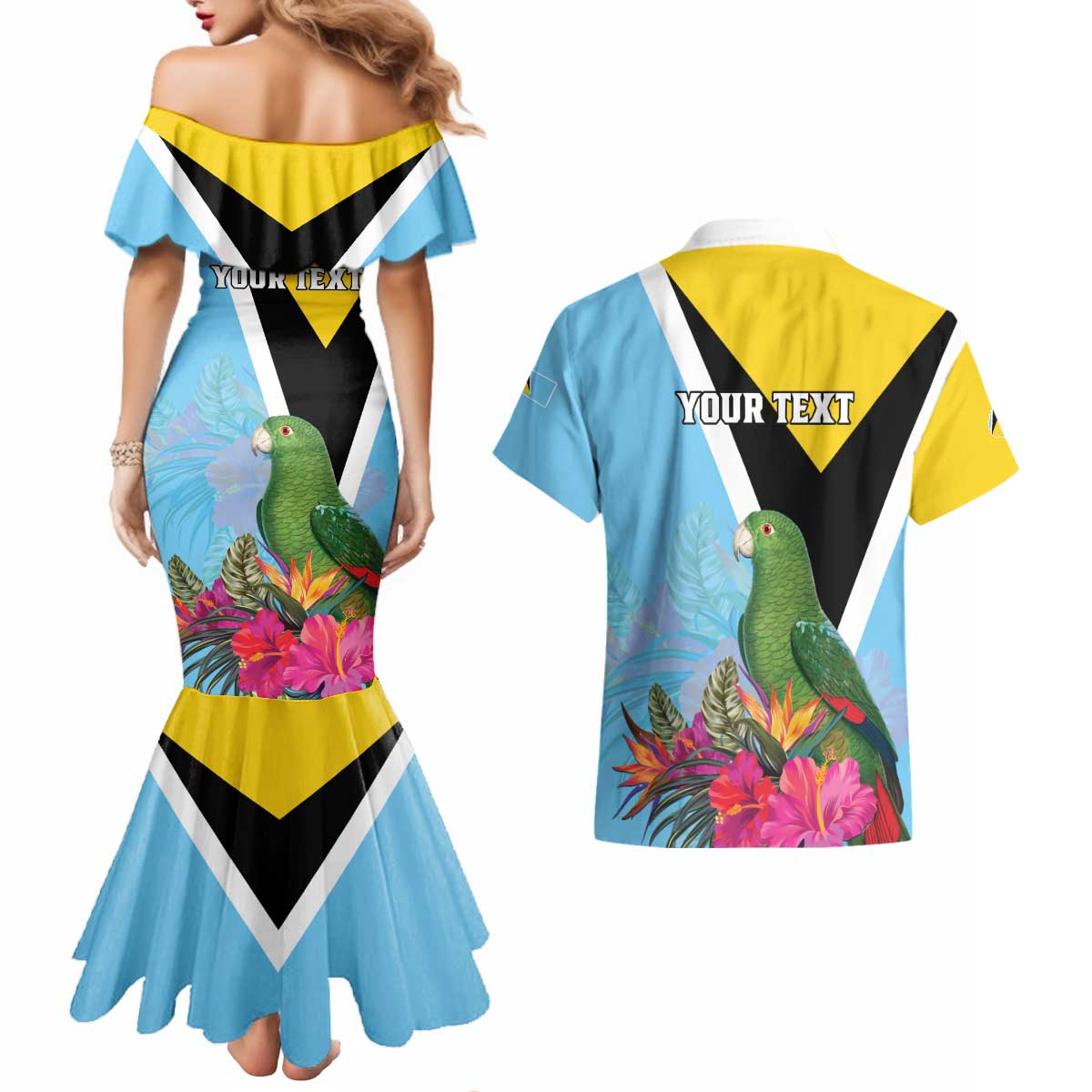 Personalized Saint Lucia Independence Day Couples Matching Mermaid Dress and Hawaiian Shirt Tropical Amazona Versicolor