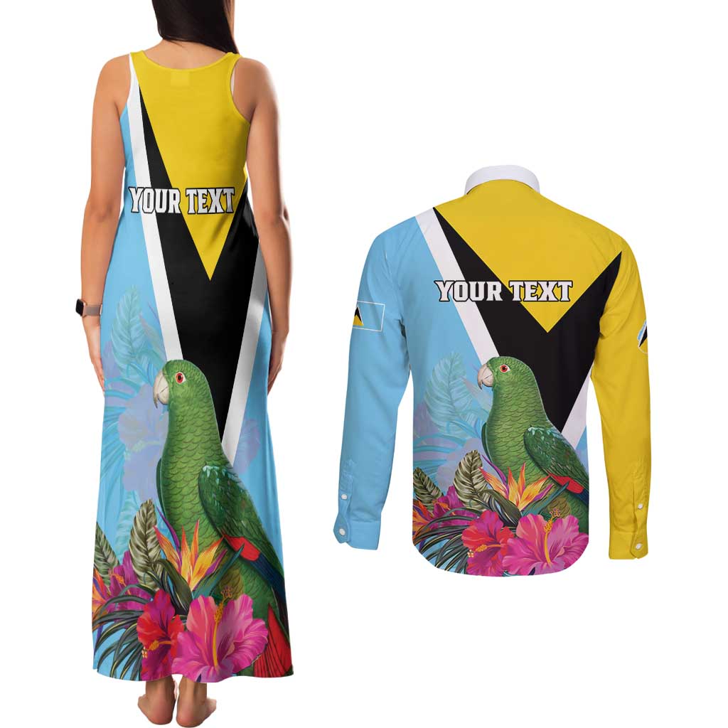 Personalized Saint Lucia Independence Day Couples Matching Tank Maxi Dress and Long Sleeve Button Shirt Tropical Amazona Versicolor