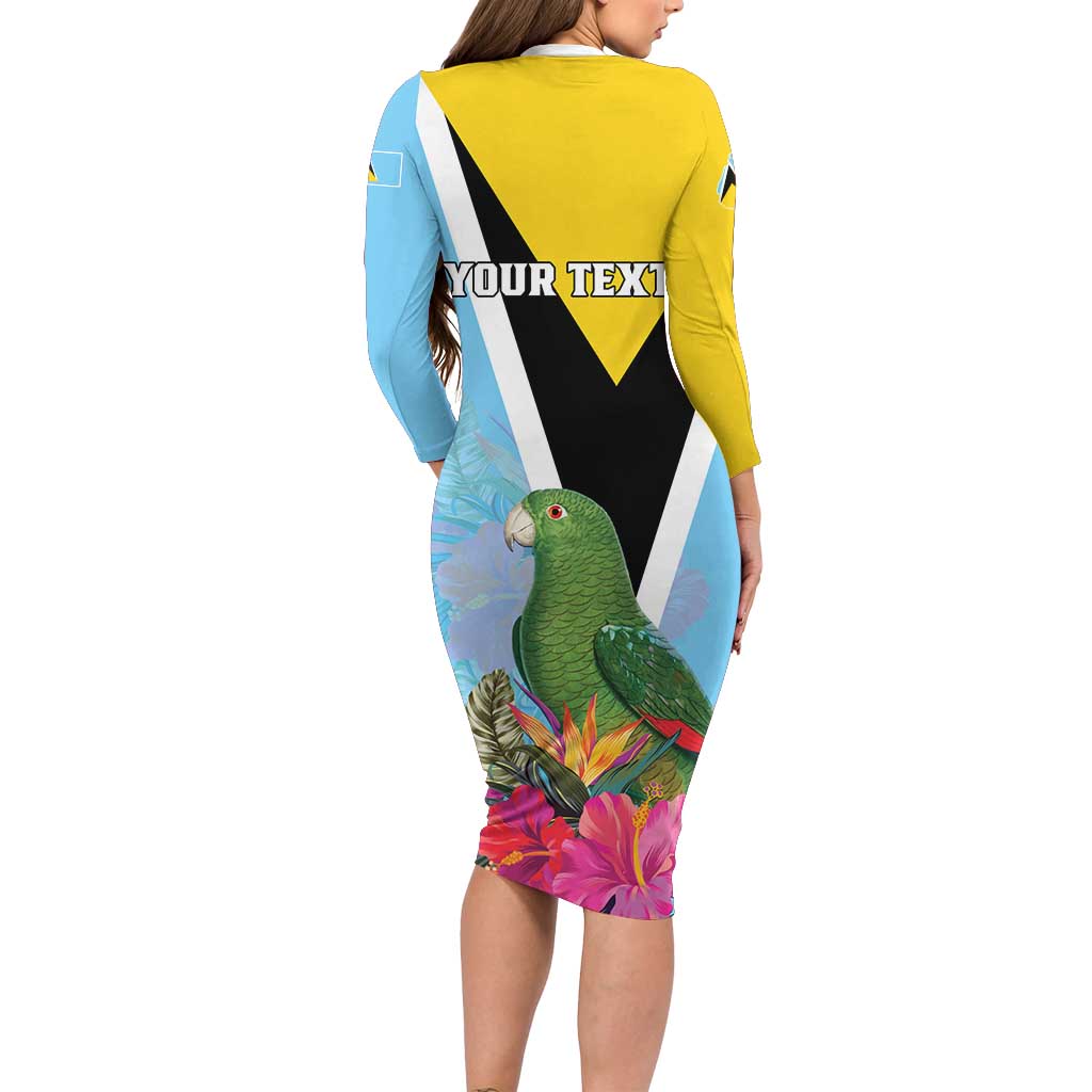 Personalized Saint Lucia Independence Day Long Sleeve Bodycon Dress Tropical Amazona Versicolor