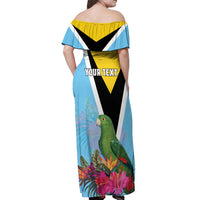Personalized Saint Lucia Independence Day Off Shoulder Maxi Dress Tropical Amazona Versicolor